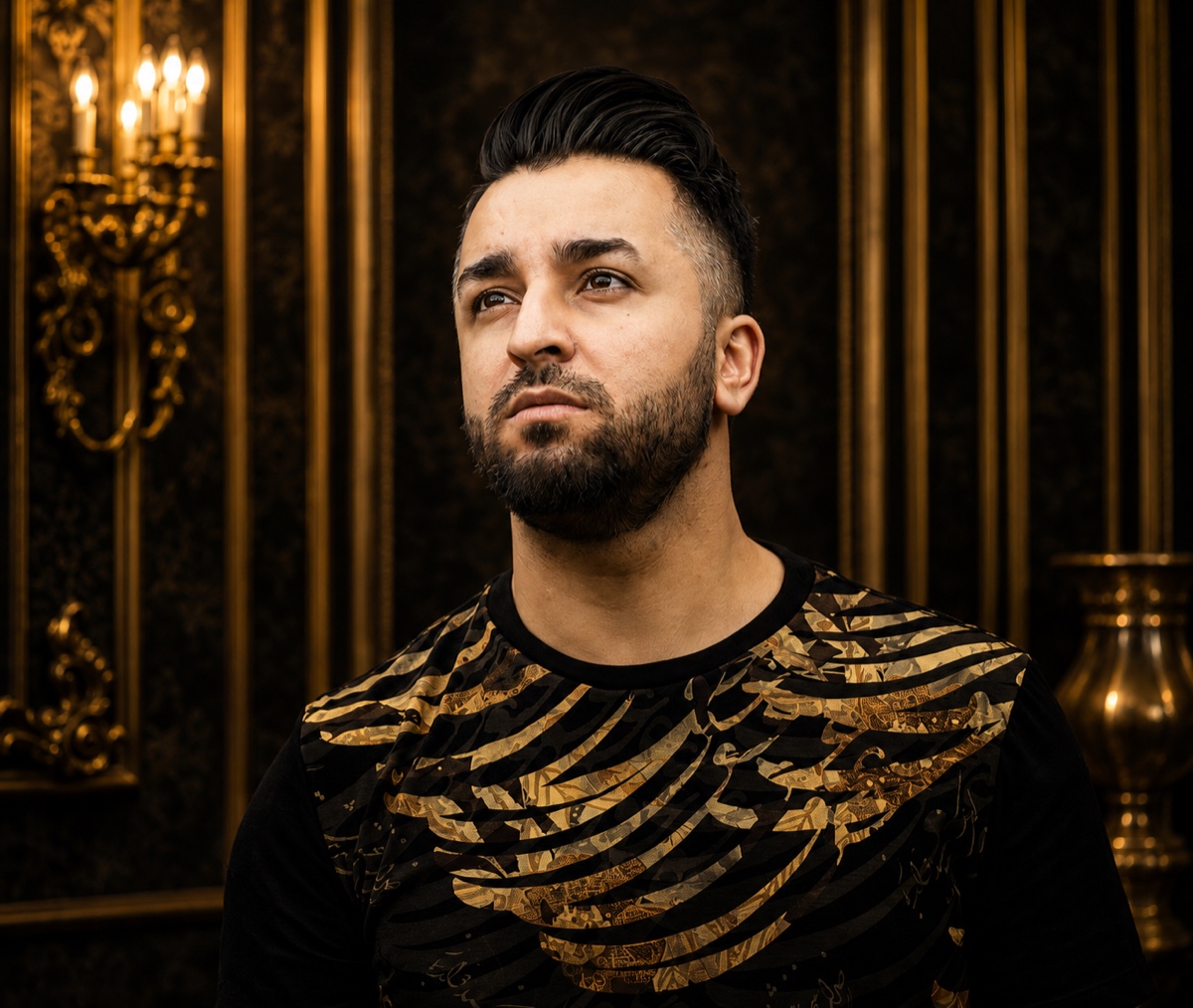 Portrait of tenor and countertenor Aria Moeini in a black-and-gold opera salon
